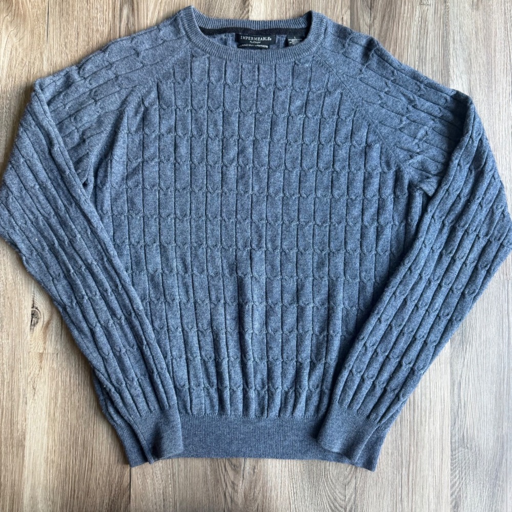 Impermeable Platinum Mens L Merino Silk Cashmere Blue Gray Cable Knit Sweater